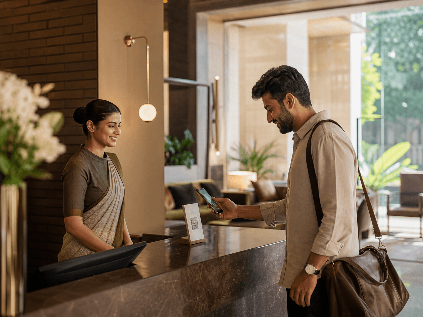 Hotel guest scanning a feedback QR code at reception