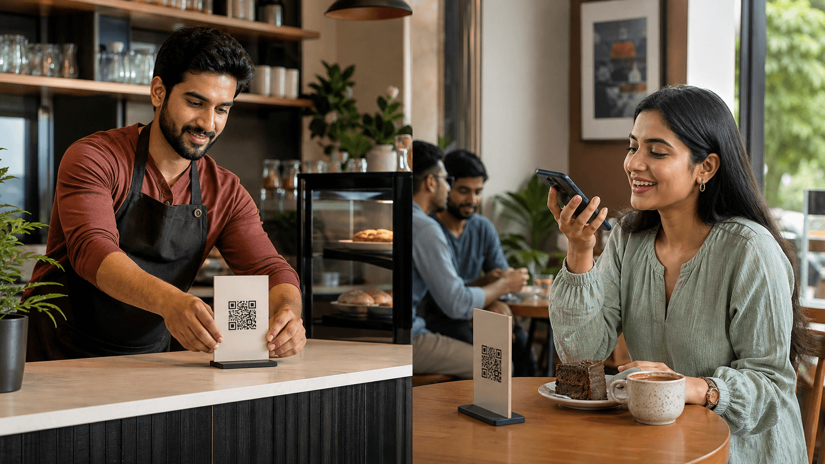 A local business and customer using a QR review flow