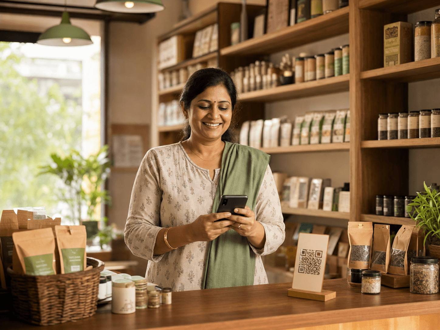 Local shop owner checking customer feedback beside her TyTrust QR stand